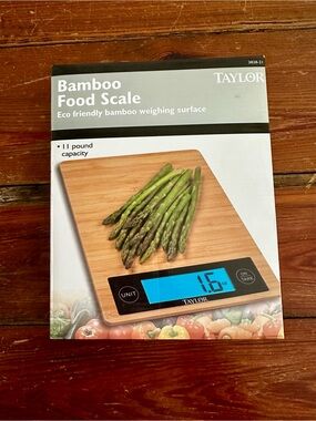 Taylor Bamboo Food Scale - Natural Wood & Blue Display